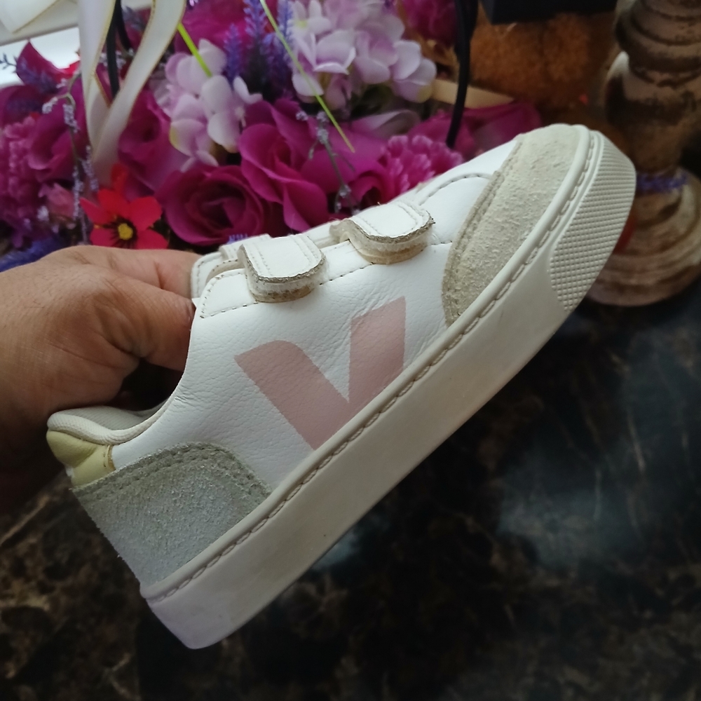 Veja Kids White Sneakers with Pale Pink Logo